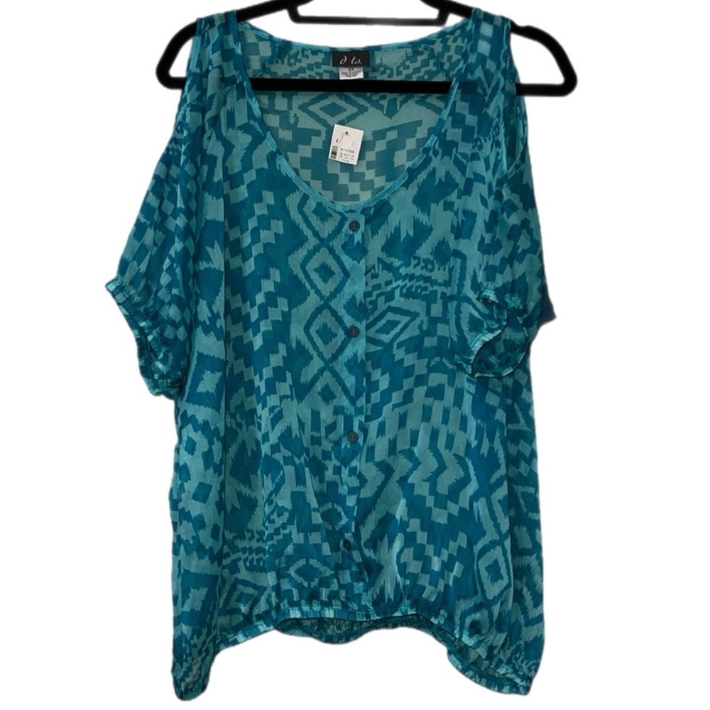 Dots size 2X pullover cold shoulder scoop neck sheer short sleeve blouse blue